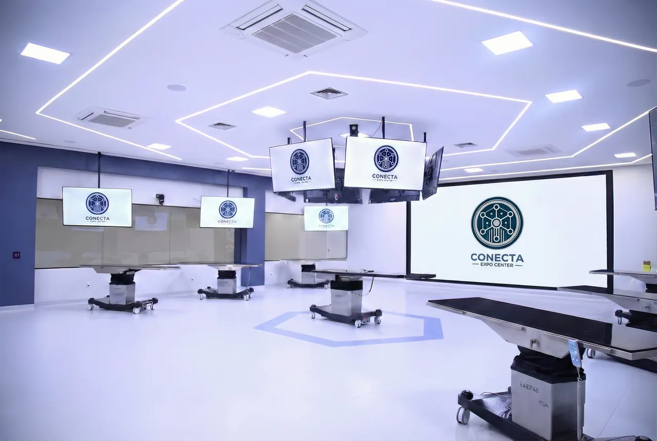 CTC com o telão de LED aceso exibindo o logo do Conecta Expo Center, TVs suspensas no teto, mesas cirúrgicas pela sala e linhas de luz no teto